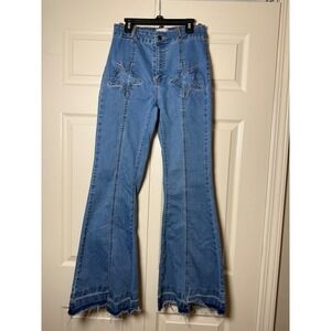 Litz by Uniq Blue Star Patch Center Seam Slit Raw Flare Bell Bottom Hippie Jeans